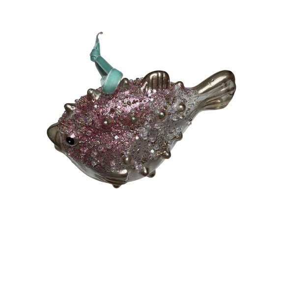 Glittery Puffer Fish Glass Blown Ornament With Pink & Silver Accents Pier 1 - Picture 2 of 4